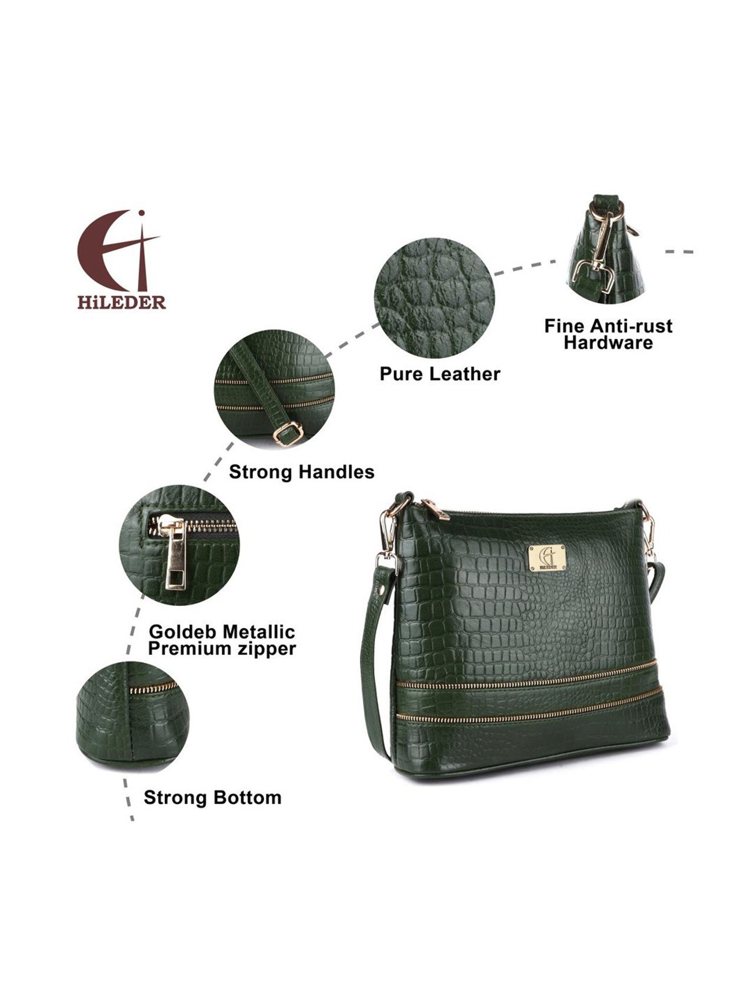 HiLEDER Green Textured Medium Sling Handbag