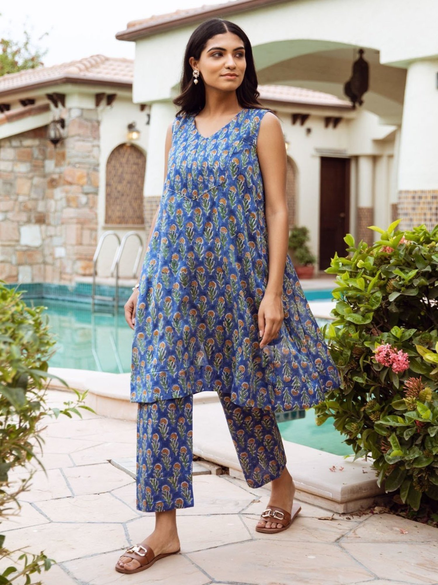 Asrumo Blue Handblock Chanderi A-Line Kurta Style Coord Set