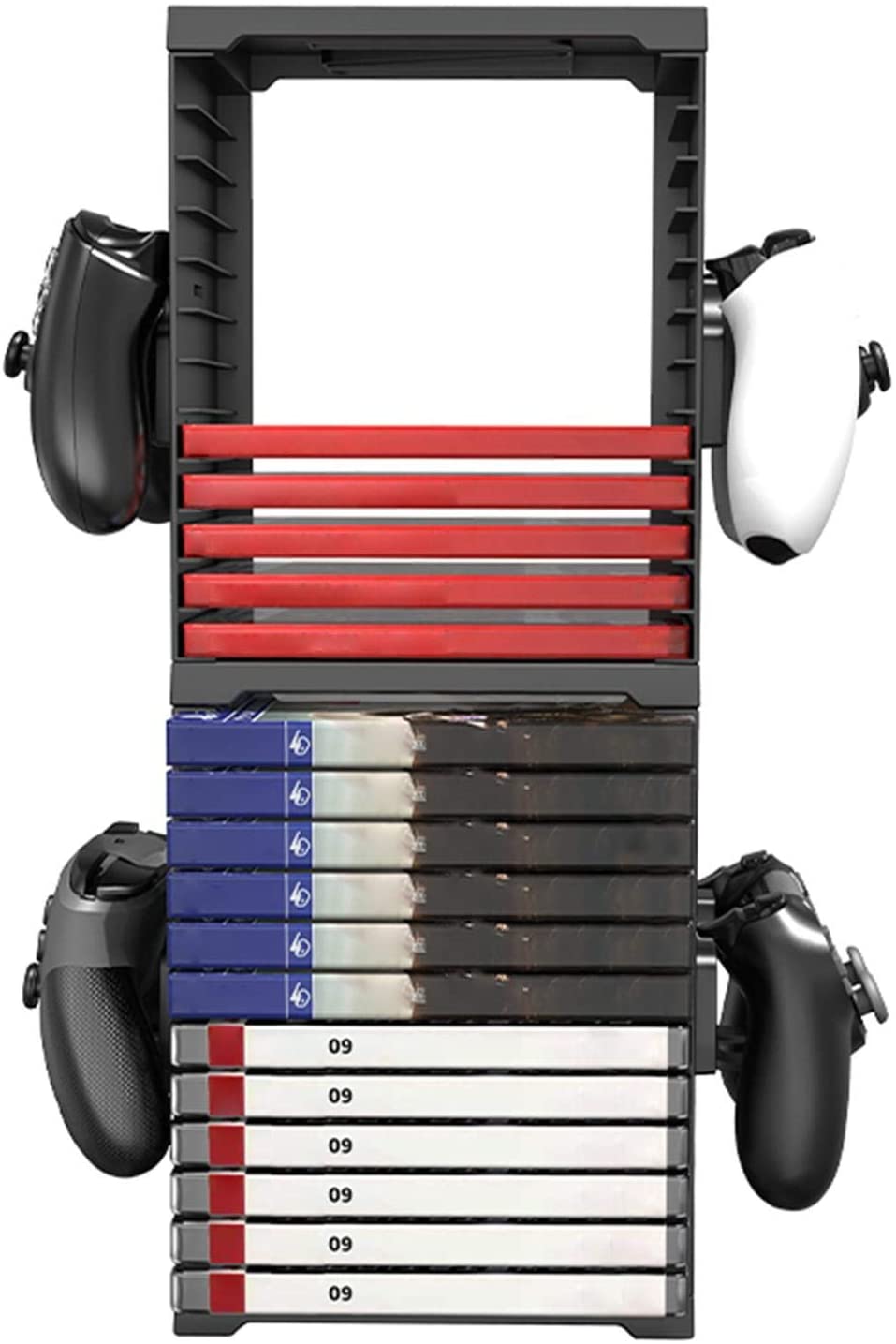 Supicity Games Storage Tower for PS5, Double-Layer Game Card Box Storage Stand for PS4 / PS5 / Xbox One / Xbox One X, Game Disk Rack Controller Organizer/Headset Stand Holder, Hold Up to 24 Disks