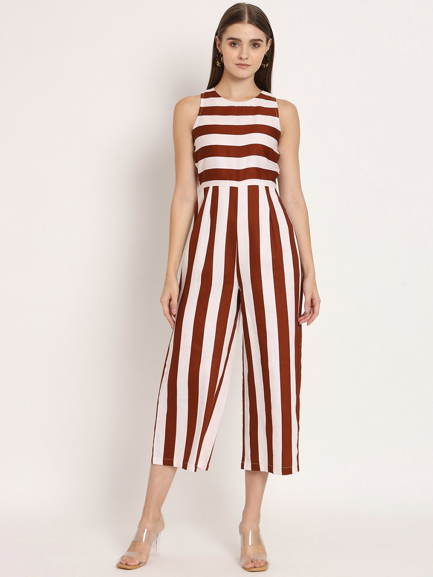 Moomaya Brown & White Striped Jumpsuit
