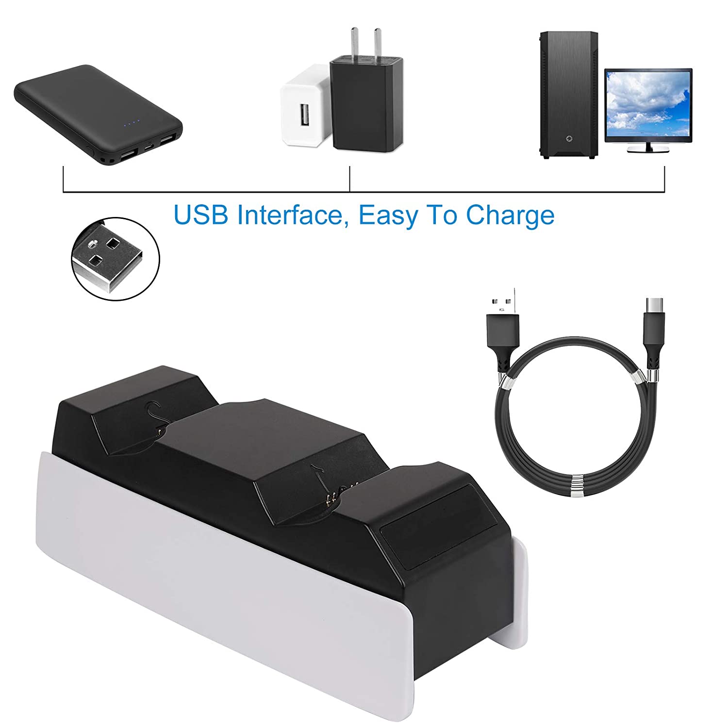 PS5 Controller Charger, Ackmioxy Dual USB Charging Station Compatible for Playstation 5 Dualsense Wireless Controllers, Slim Portable, IC Protection, Fast Charging