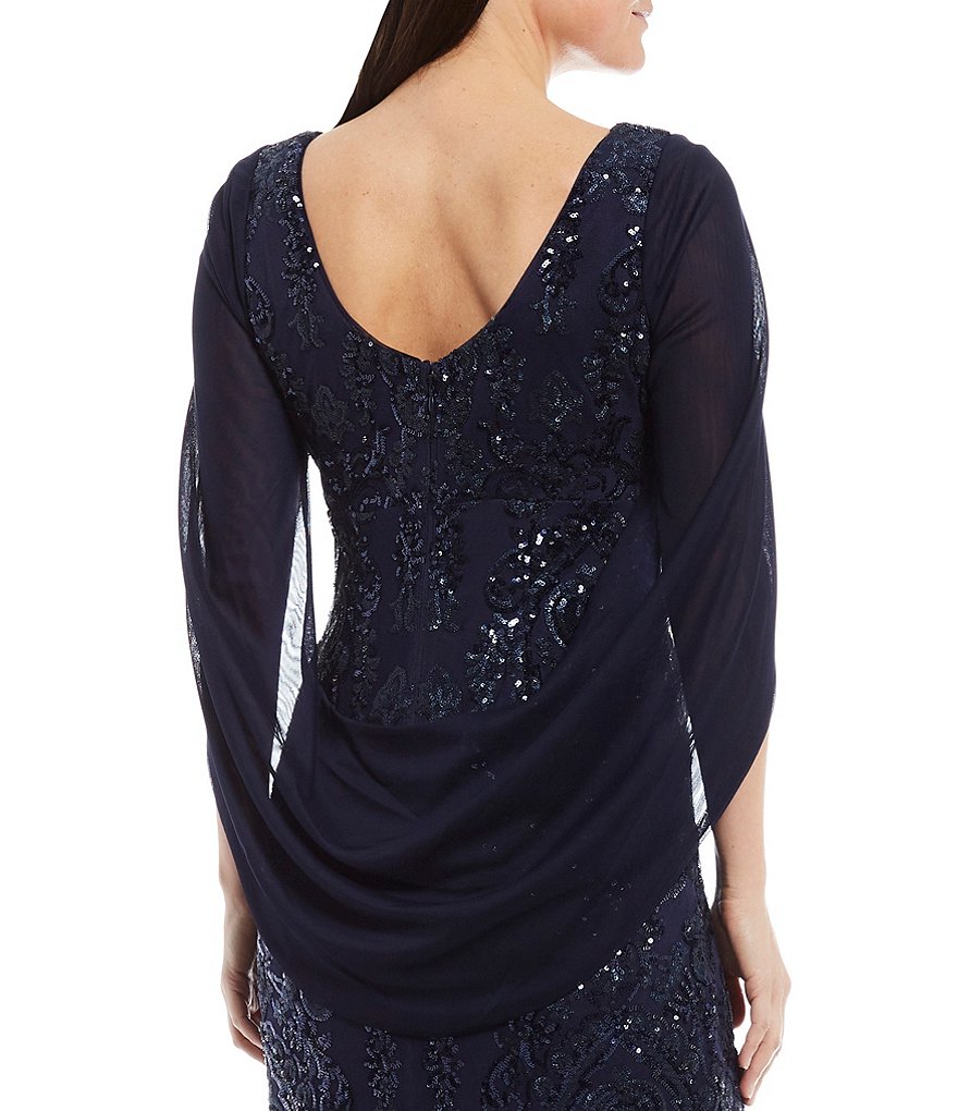 R & M Richards Matte Chiffon Draped Cowl Back Beaded Stretch Mesh Gown