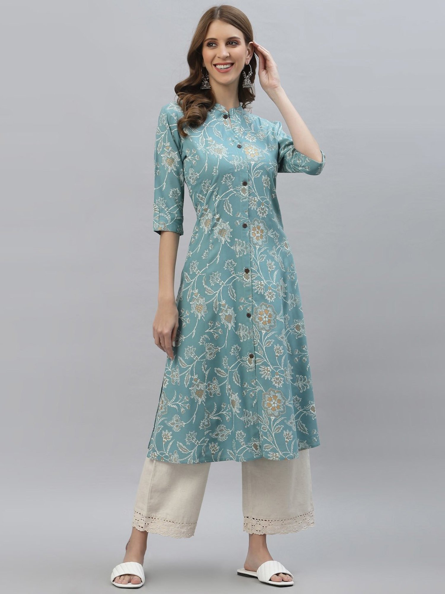 Stylum Blue Floral Print A-Line Kurta