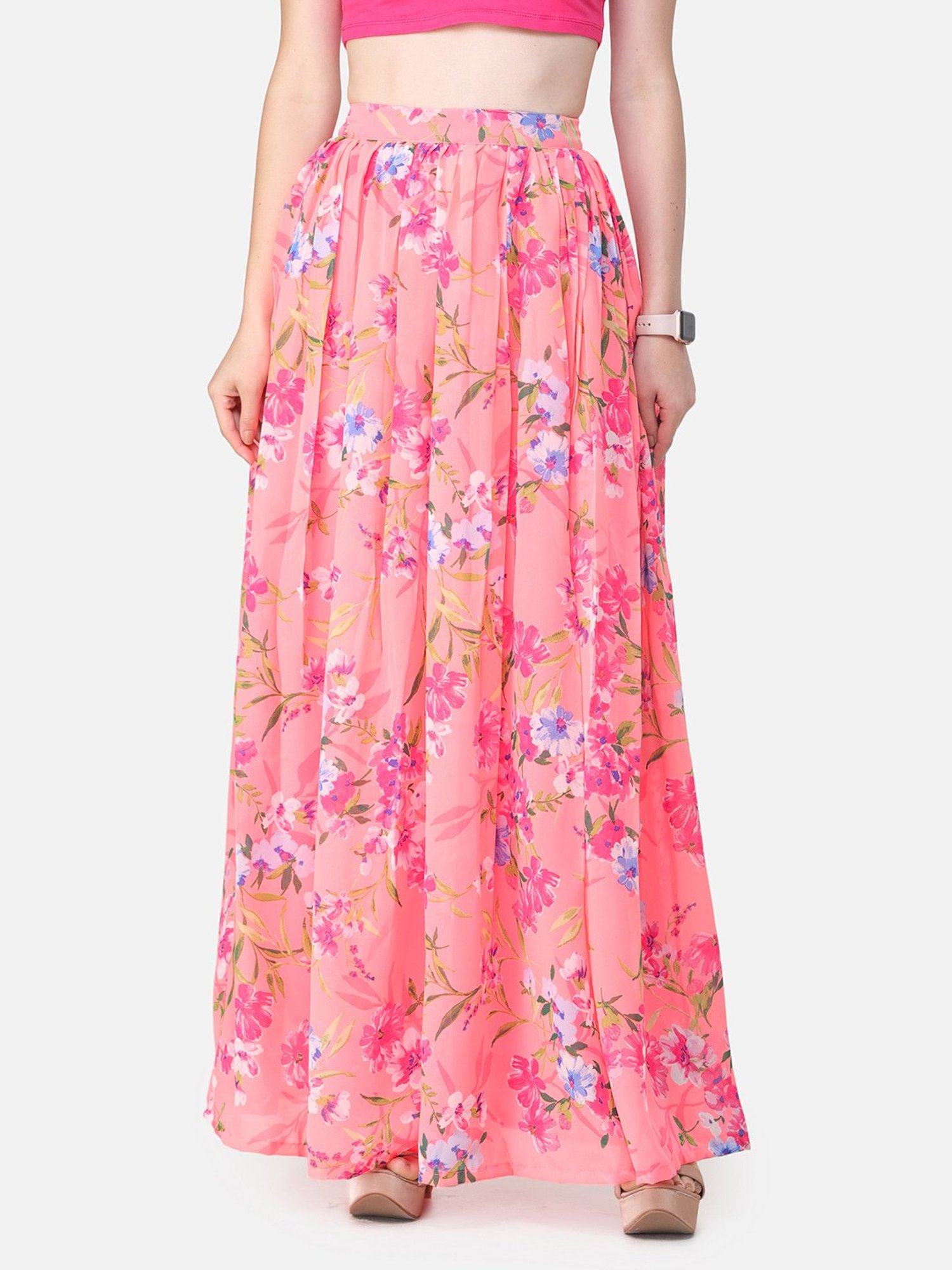 Scorpius Peach Georgette Floral Print Skirt