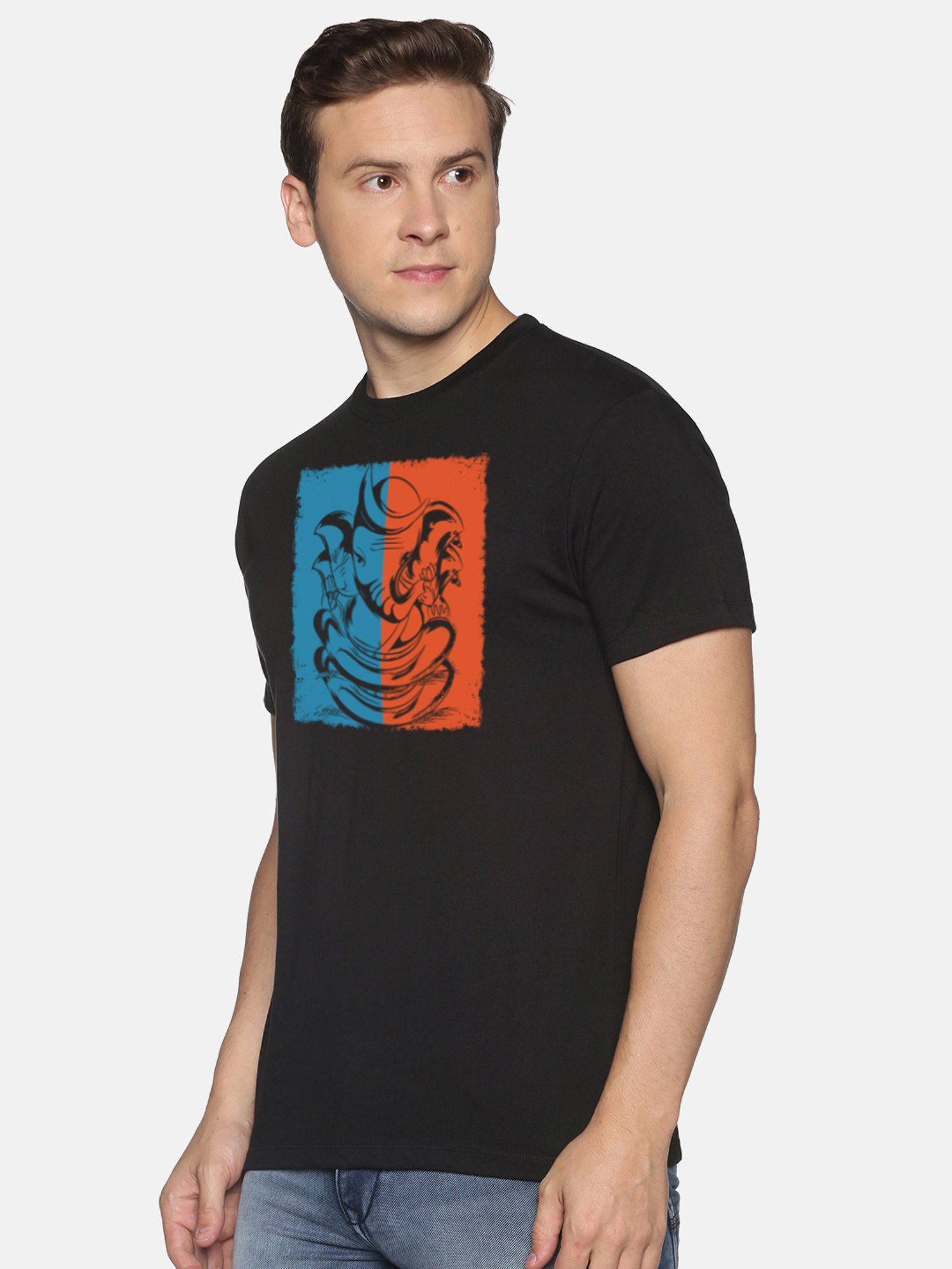 BLACK RADIO Black Slim Fit Printed Cotton Crew T-Shirt