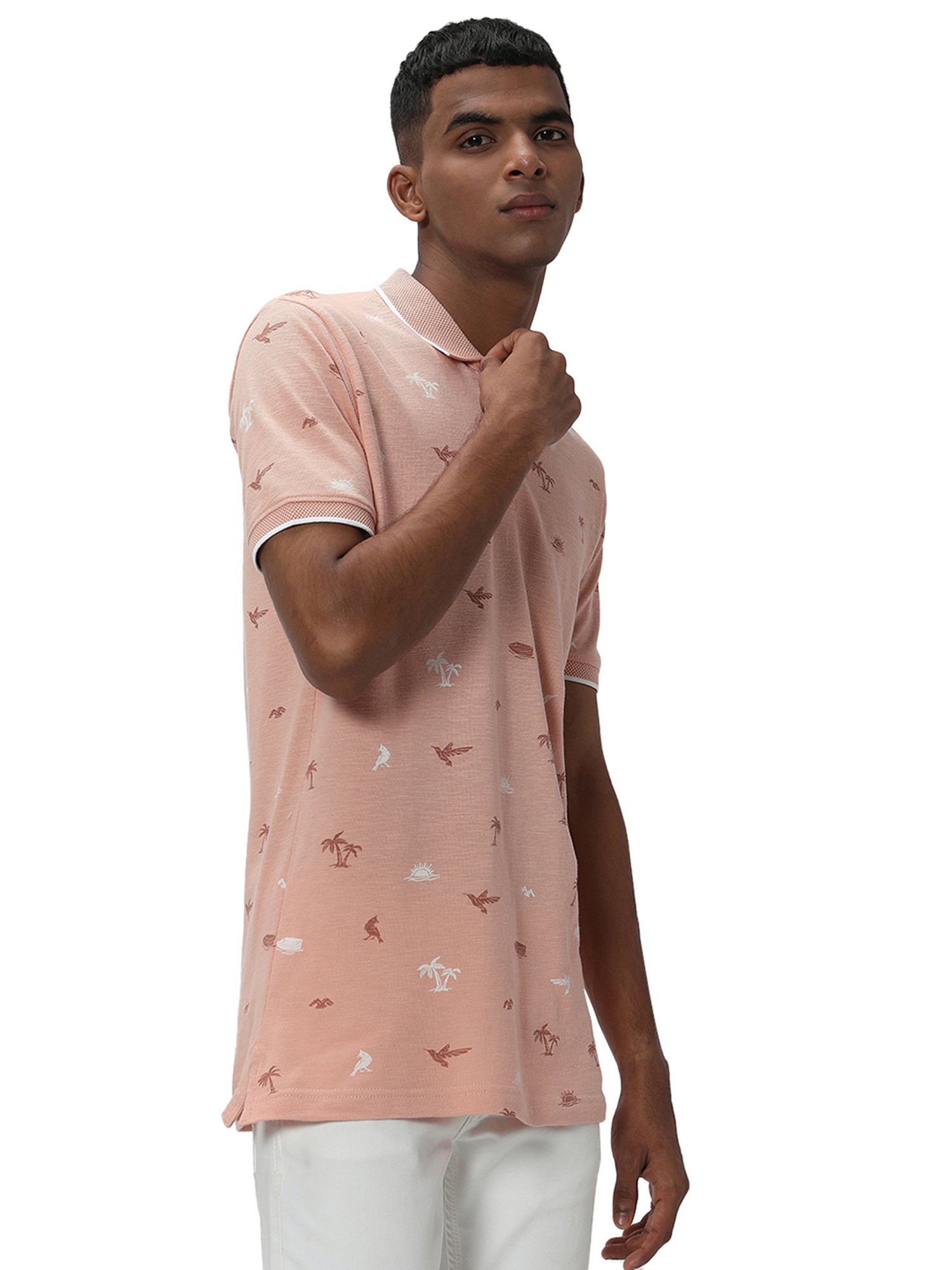 Mufti Peach Slim Fit Printed Cotton Polo T-Shirt