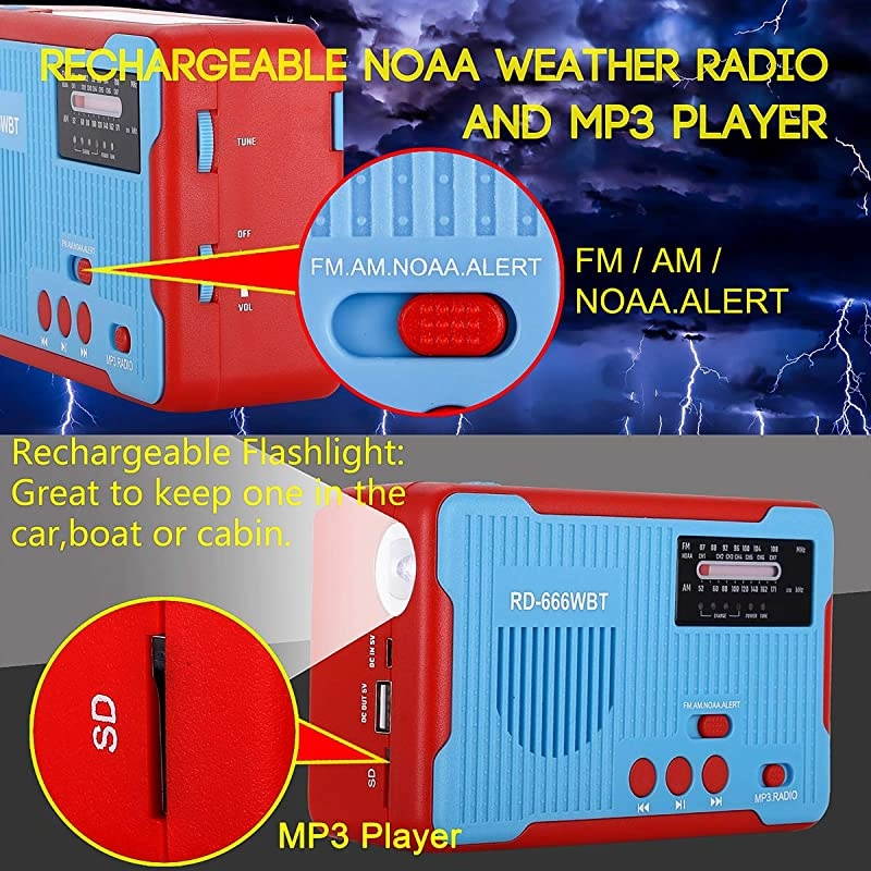 Radios Hand Crank Self Powered Solar AMFM NOAA Weather Alert Radio with LED Flashlight MP3 Player and Large Power Bank 2300mAh for iPhoneSmart Phone ChargerBlue