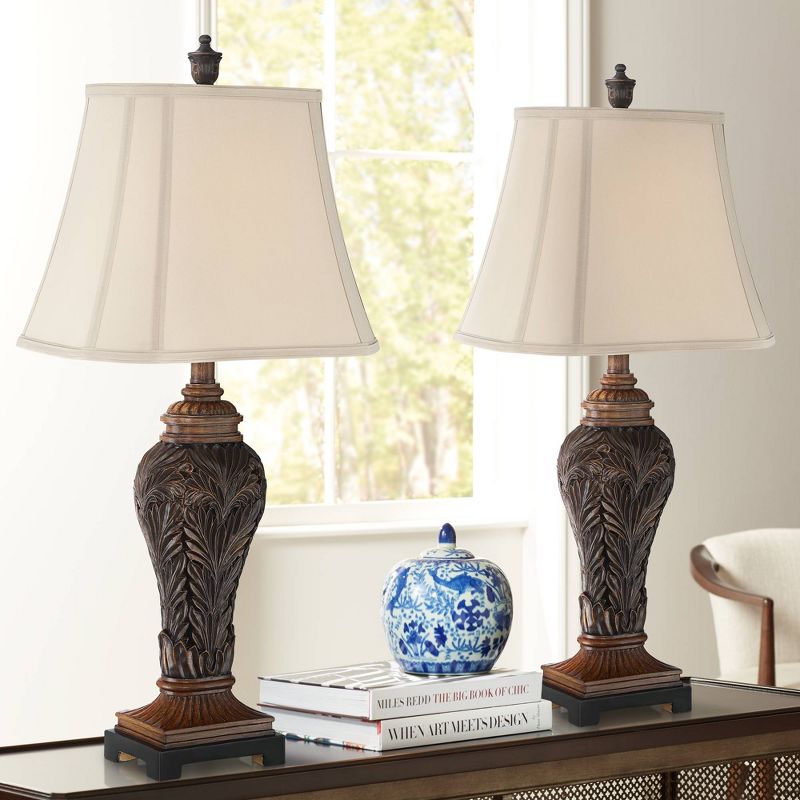 Barnes and Ivy Traditional Table Lamps Set of 2 Leafwork Bronze Vase Light Tan Cut Corner Rectangular Shade Living Room Bedroom