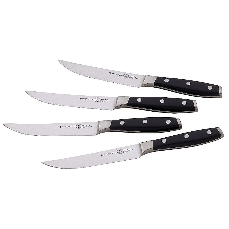 Messermeister Avanta Stainless Steel Fine Edge Steak Knife Set with Sandblasted Stainless Steel Handle, 4 Piece, Black POM
