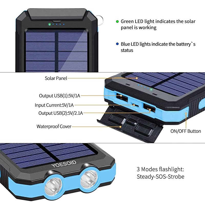 Solar Charger 20000mAh  Portable Outdoor Waterproof Solar Power Bank Camping External Battery Packs with Dual USB Output 2 Led Light Flashlight Compatible Most Smart Phones and Tablets(Blue)