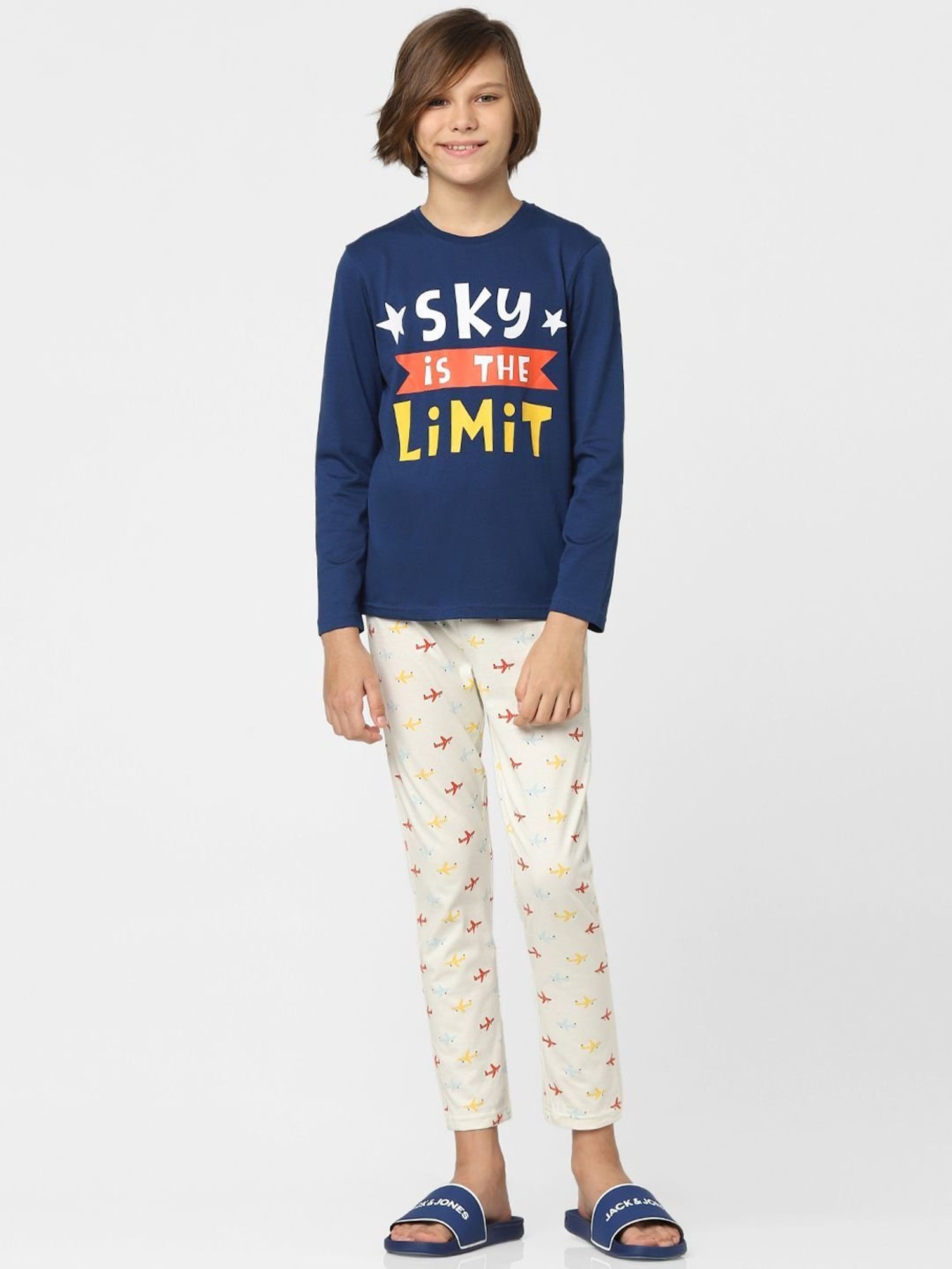 Jack & Jones Junior Navy & White Cotton Graphic Full Sleeves T-Shirt Set