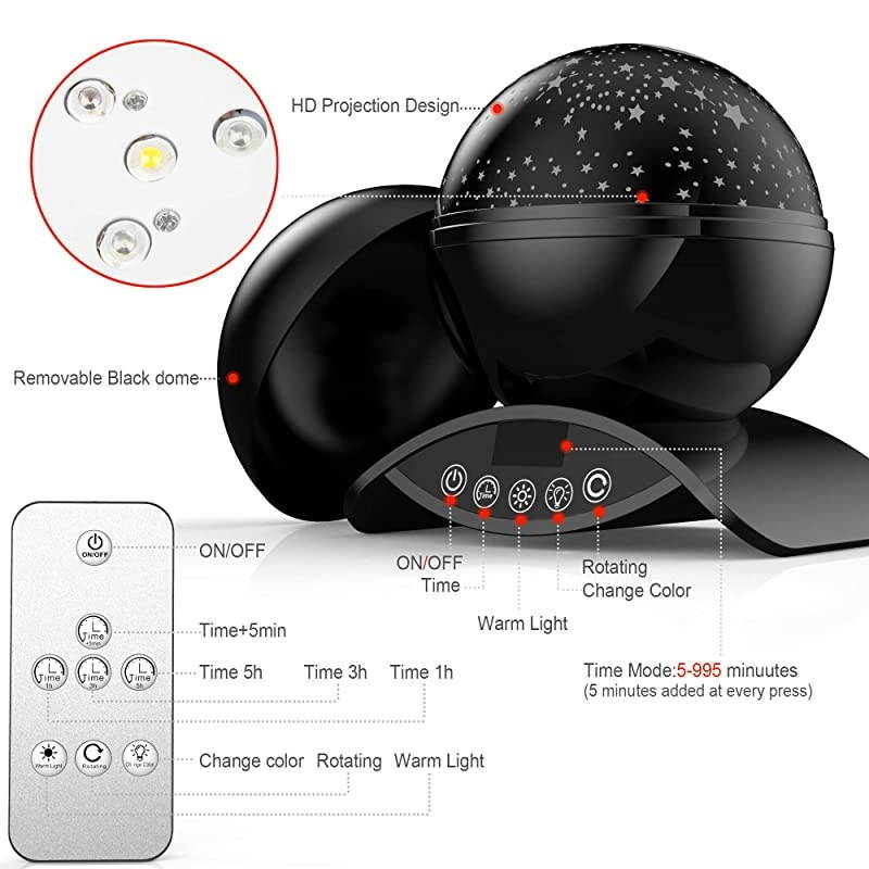 Night Lights Rechargeable Star Projector with Remote Control and Timer Auto Off Design Rotating Projection Lighting Lamp Room Decor Black
