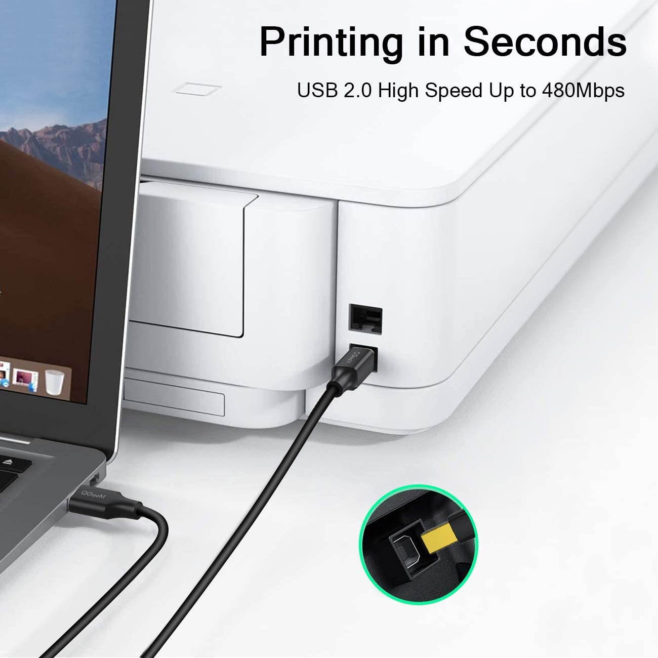 Printer Cable,QGeeM USB Printer Cable 6FT USB 2.0 Type A Male to Type B Male Printer Scanner Cable Compatible with HP, Canon, Dell, Epson, Lexmark, Xerox, Samsung and More, USB Cable for Printer