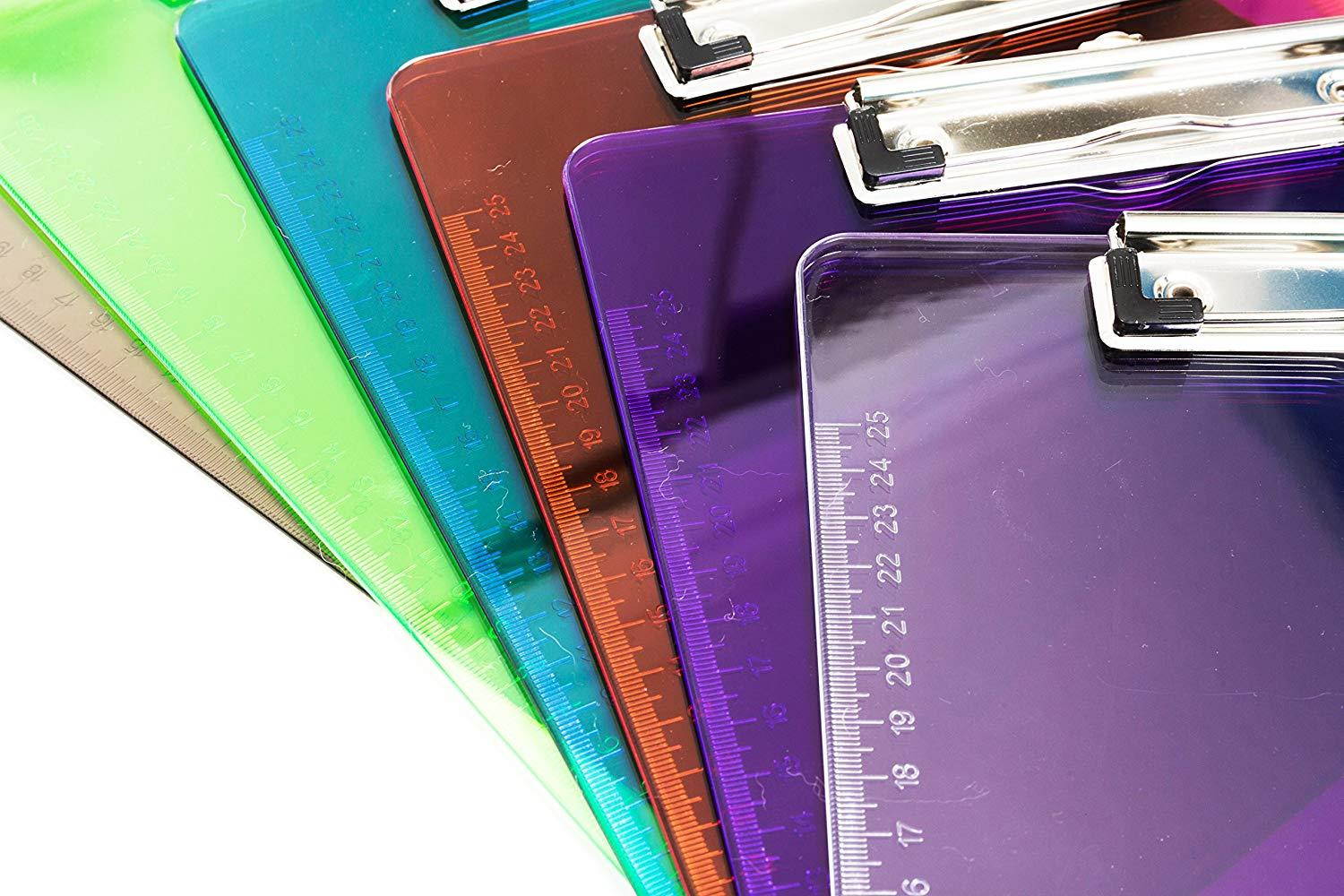 6 Pack Assorted Transparent Color Plastic Clipboards, 2.3mm Heavy Duty Board, Low Profile Clip, Clipboards for classrooms, Offices, Restaurants, Doctor Offices, 6 Plastic Clipboard Pack