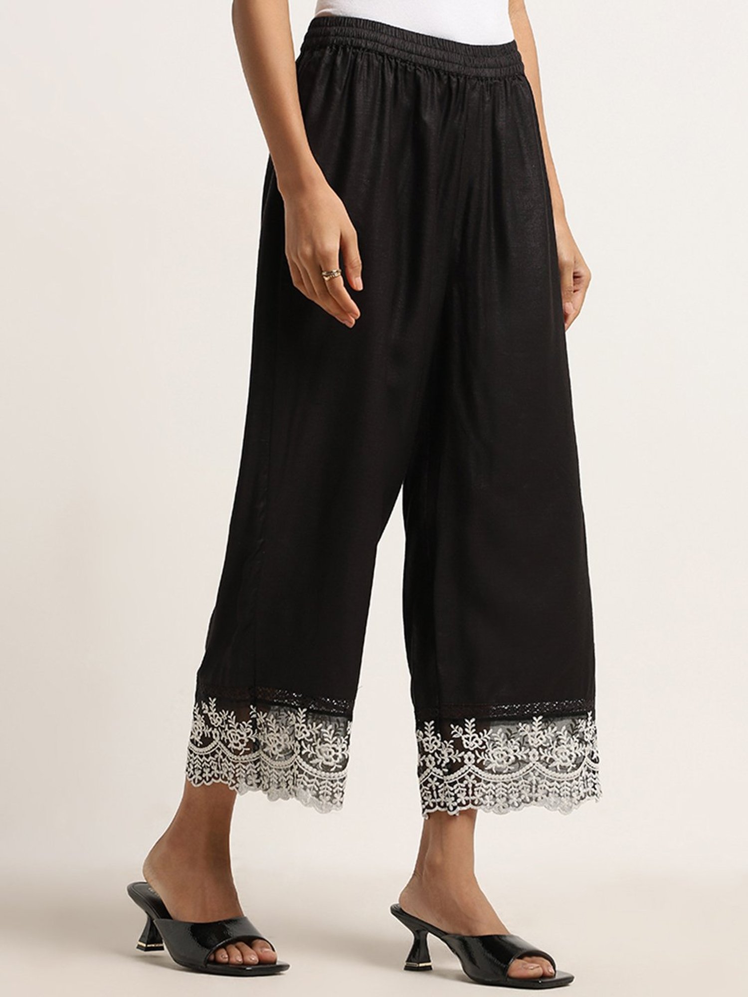Zuba by Westside Black Floral Embroidered Mid-Rise Cotton Palazzos