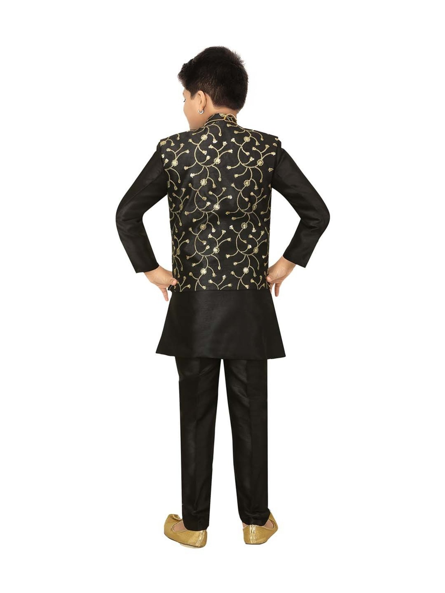 Ahhaaaa Kids Black Cotton Embroidered Full Sleeves Kurta Set