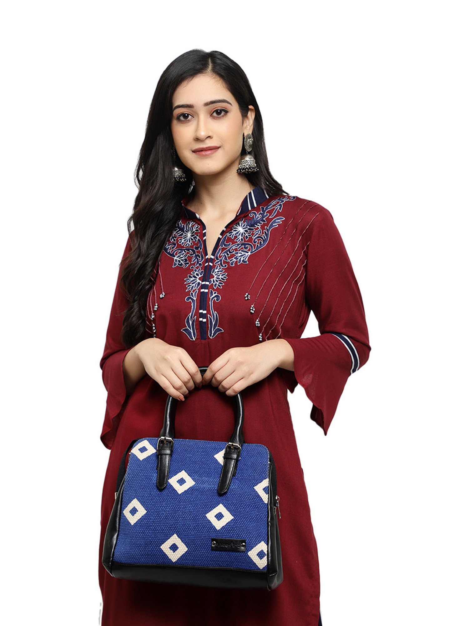 Spice Art Blue Printed Medium Satchel Handbag