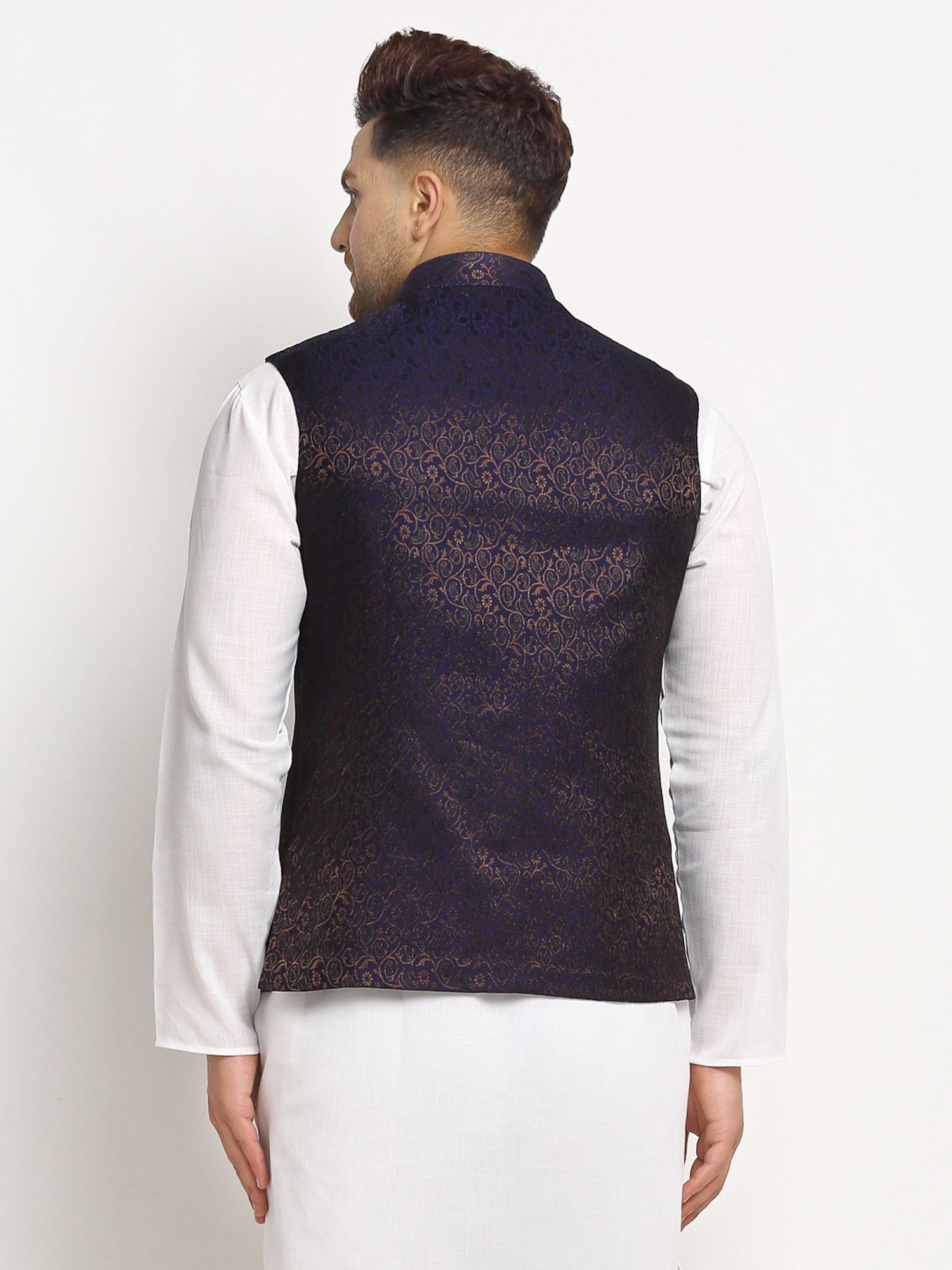 Treemoda Navy Blue Regular Fit Self Pattern Nehru Jacket