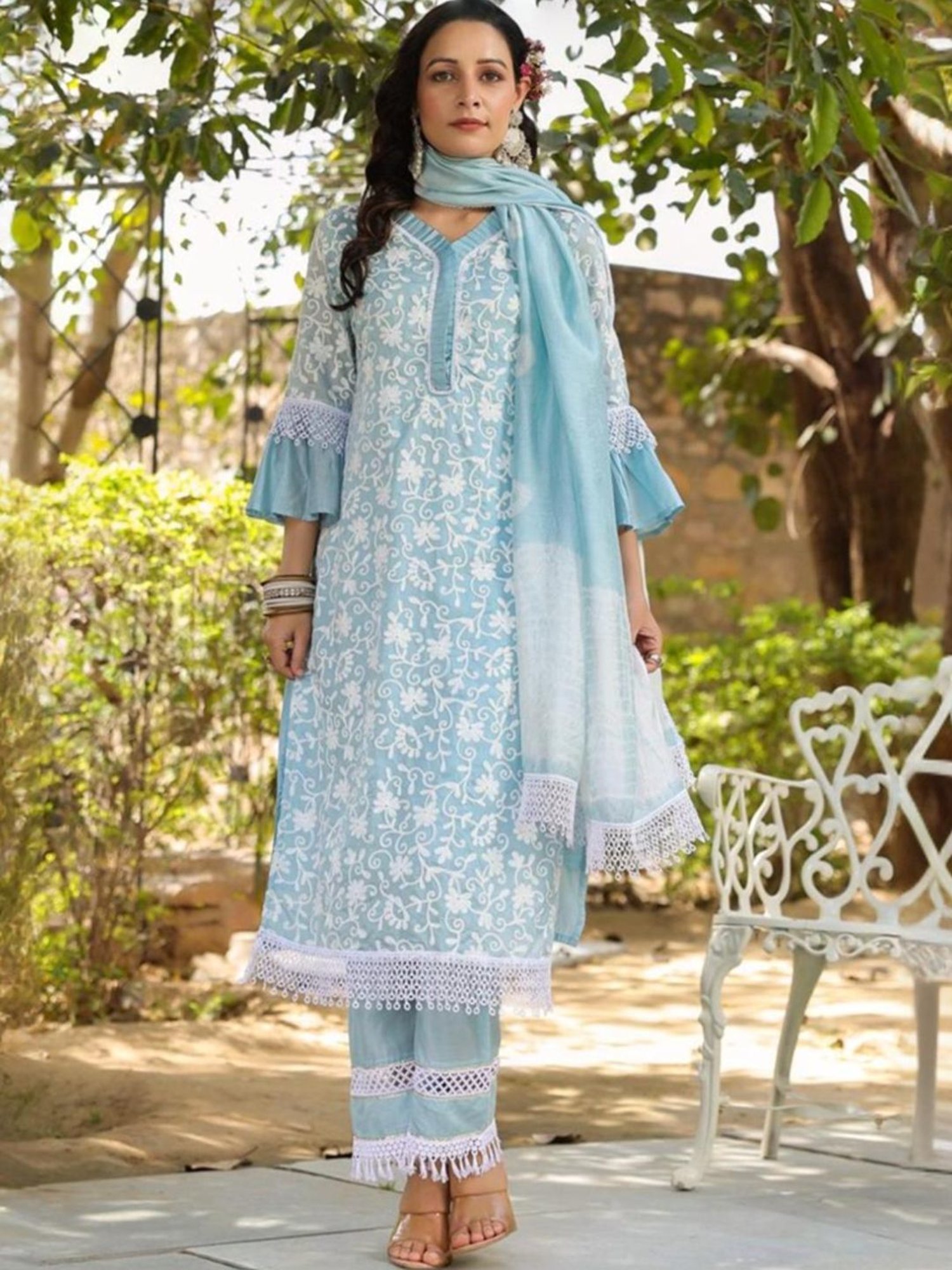 Autumnlane Blue Jeena Sky Embroidered Cotton Kurta with Pant and Dupatta