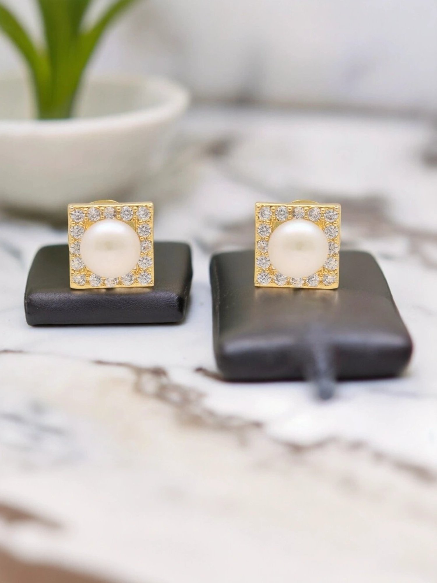 Sri Jagdamba Pearls Cupid's Pearl White & Golden Stud Earrings for Women & Girls