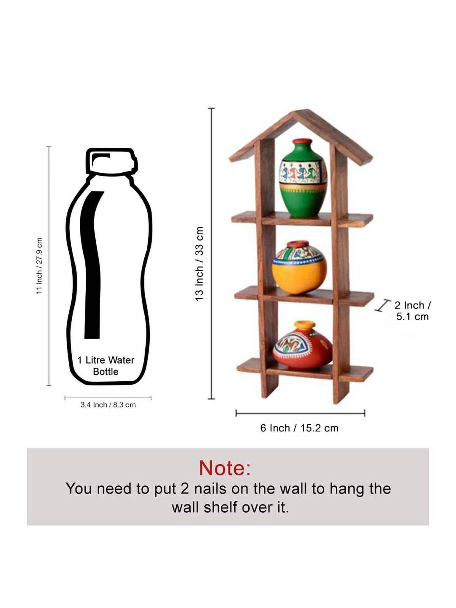 ExclusiveLane 3 Terracotta Warli Handpainted Pots With Sheesham Wooden Hut Frame Wall Hanging