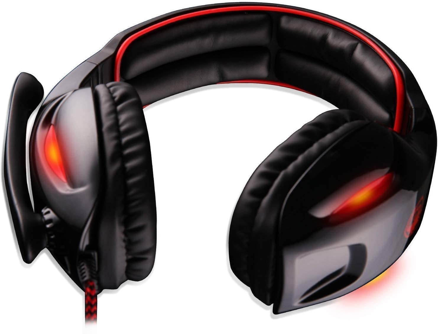 Sades SA902 7.1 Channel Virtual USB Surround Stereo Wired PC Gaming Headset Over Ear Headphones with Mic Revolution Volume Control Noise Canceling LED Light (Black/Red)