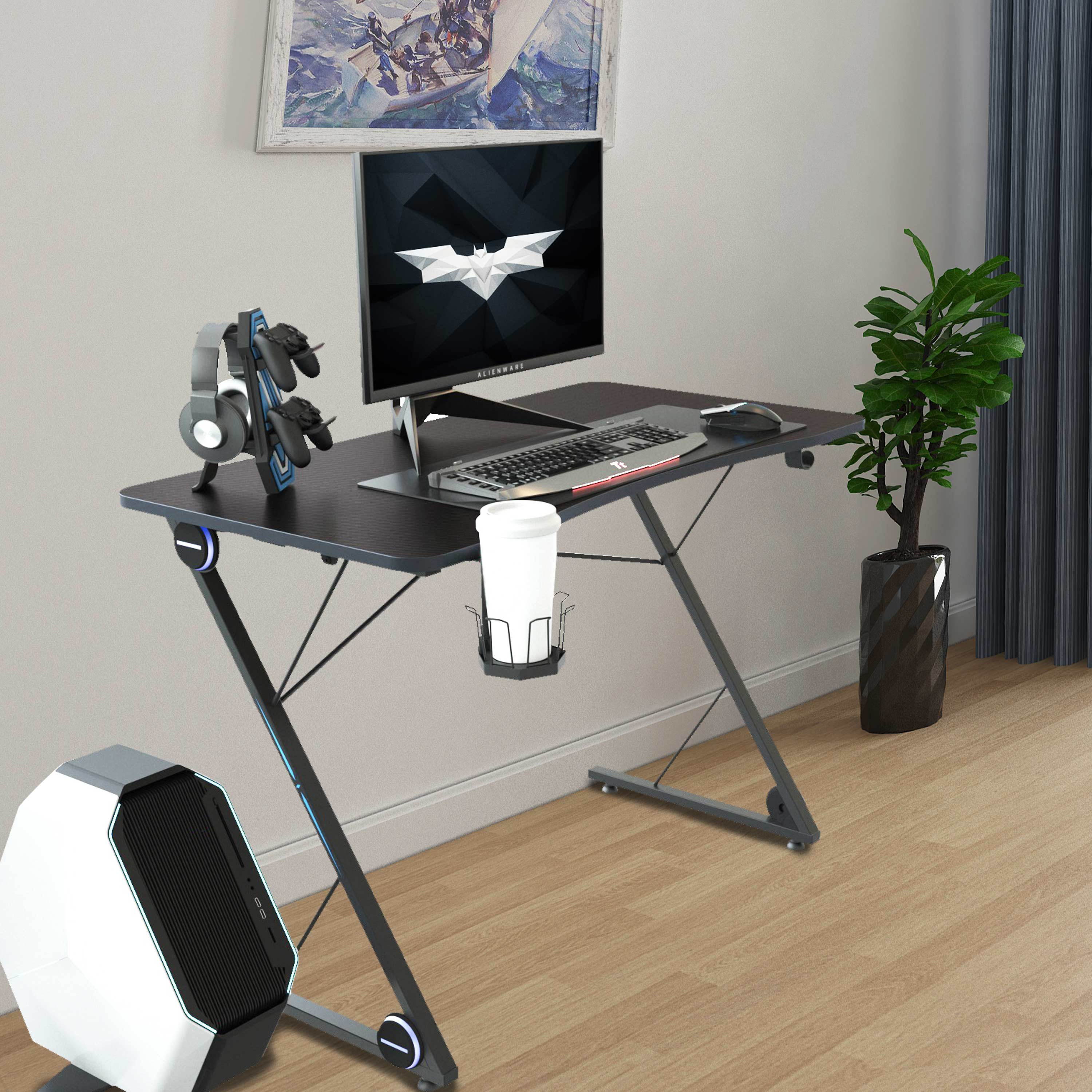 Gaming Desk 47.2" W x 23.6" D Office Computer Table, Black Gamer Workstation with 2 Cable Management Holes