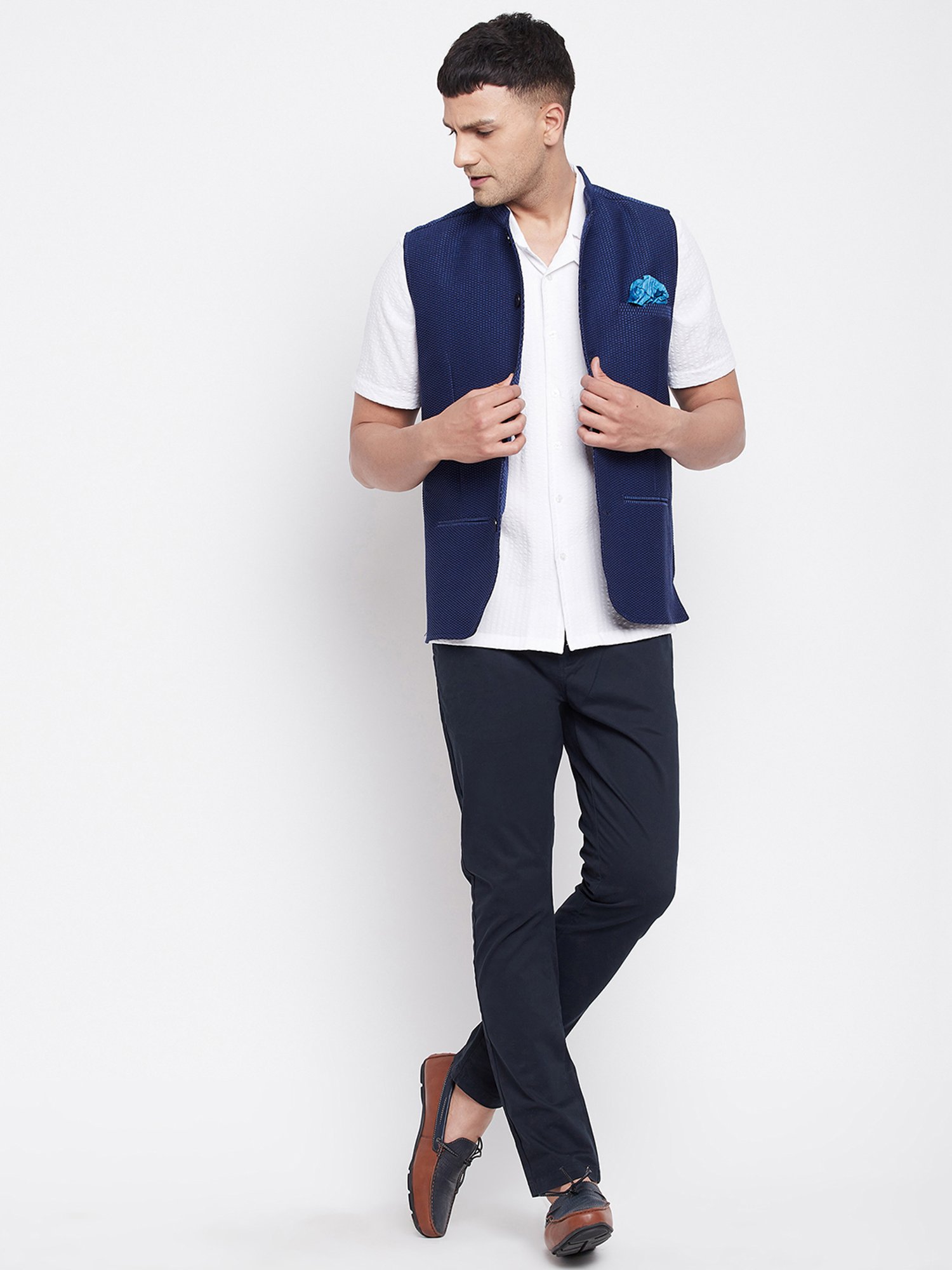 Even Navy Mandarin Collar Textured Nehru Jacket