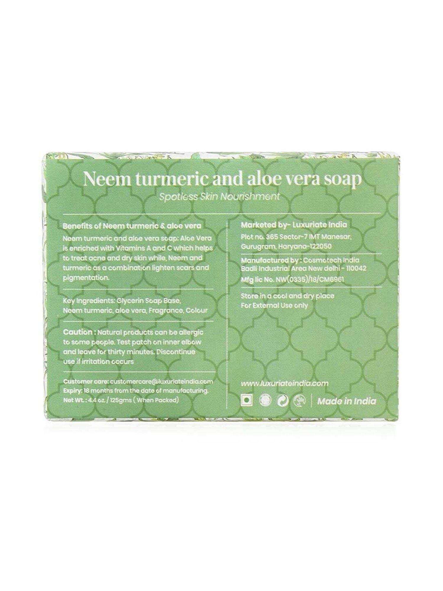Luxuriate Neem Turmeric Aloe Vera Spotless Skin Nourishment Soap Bar - 125 gm