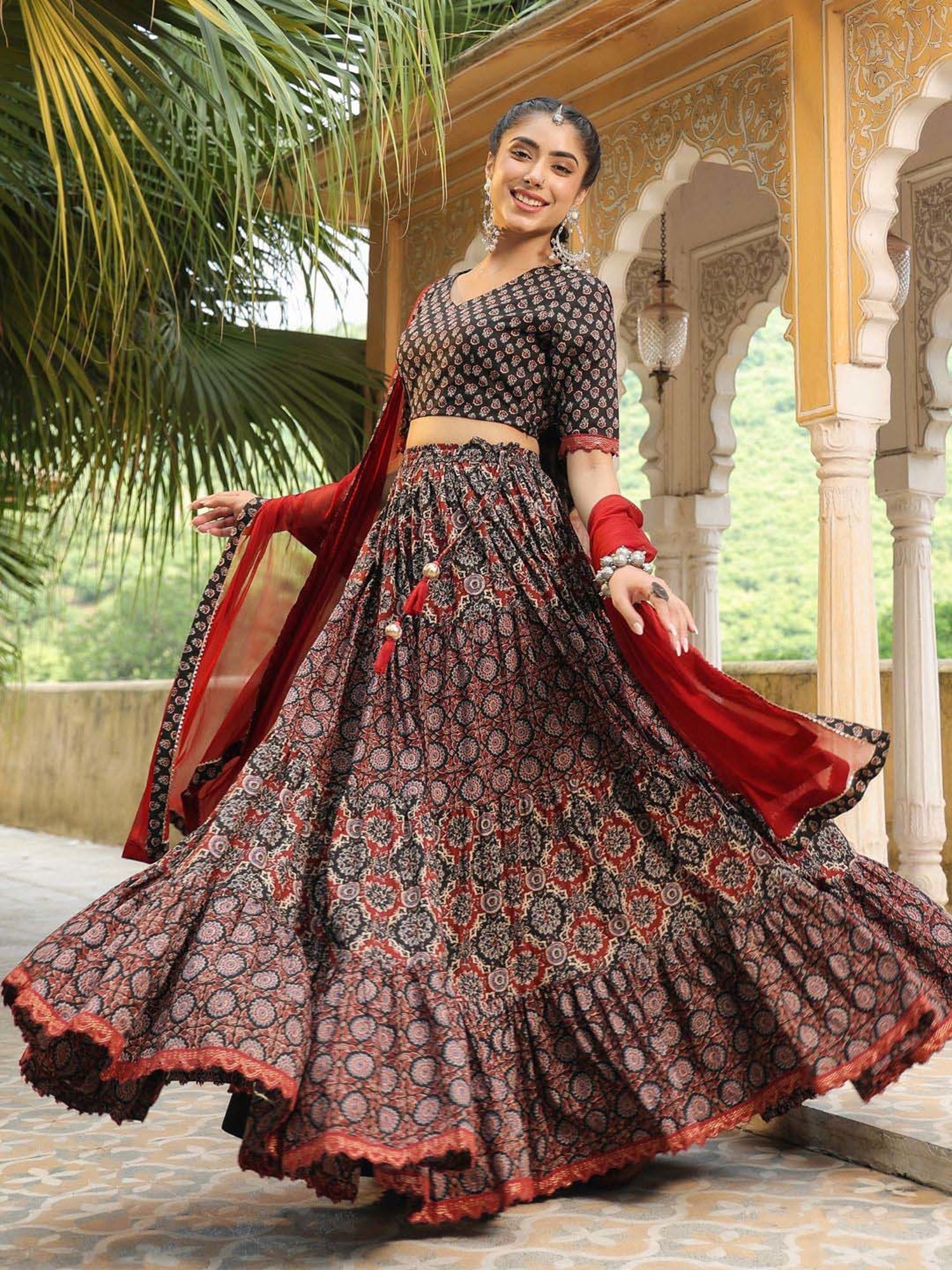 Janasya Black Cotton Printed Lehenga Choli Set With Dupatta
