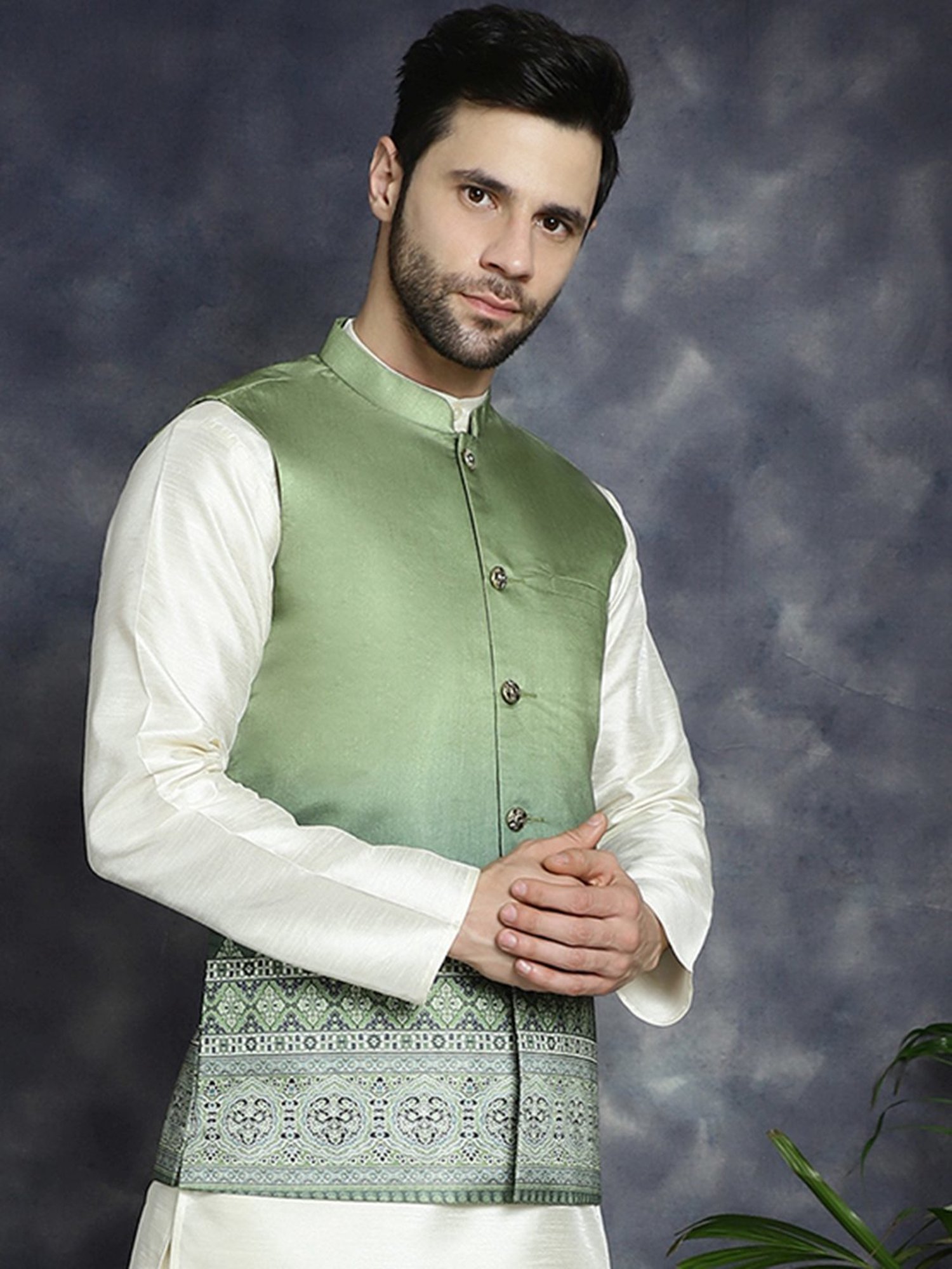 Jompers Green Regular Fit Printed Nehru Jacket