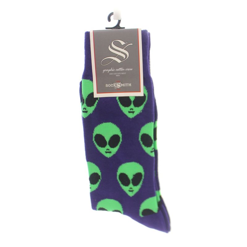 Novelty Socks 10.0" We Come In Peace Purple Cotton Crew Alien Socksmith  -  Socks