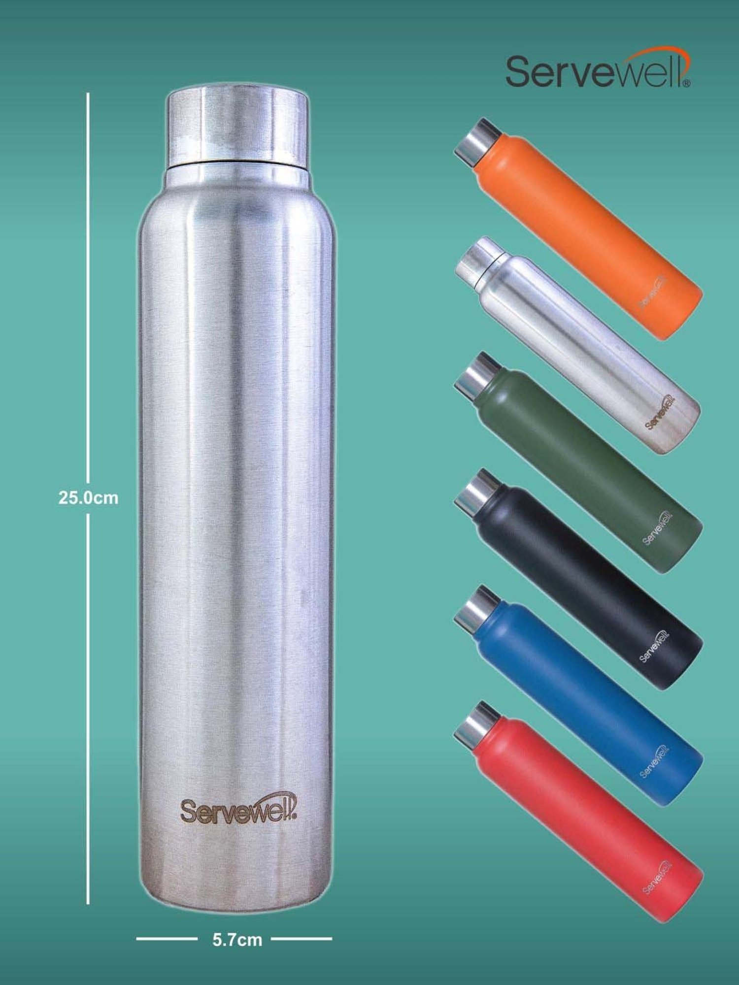 Servewell Silver Steel Sleek Single Wall Water Bottle (0.6 L)