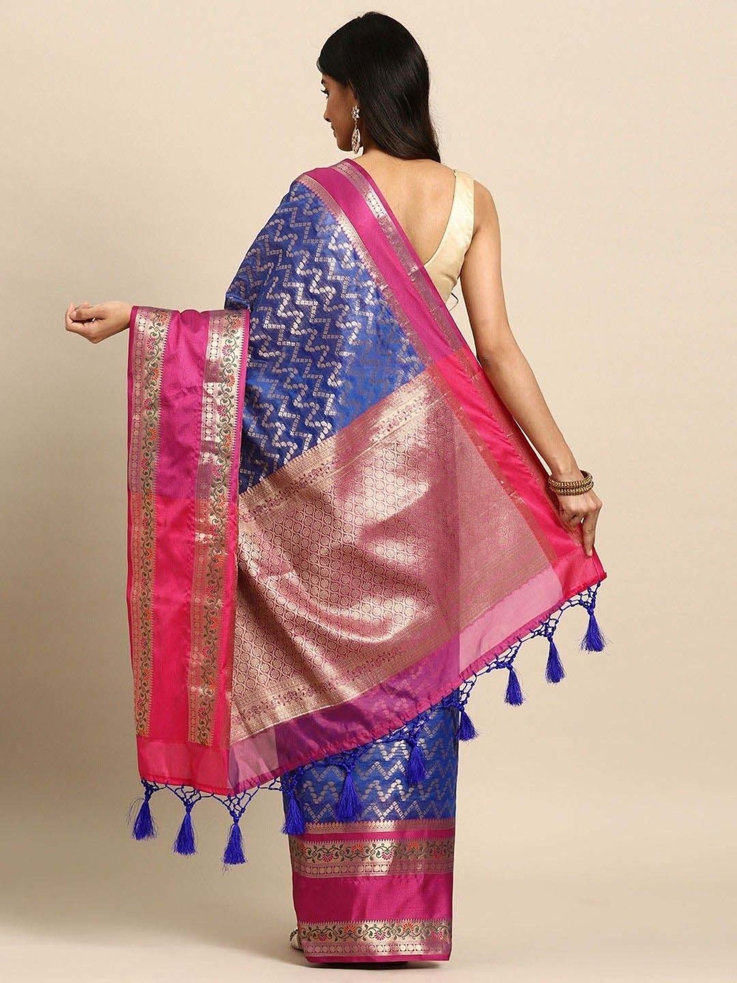 Silk Land Navy & Pink Woven Saree With Unstitched Blouse