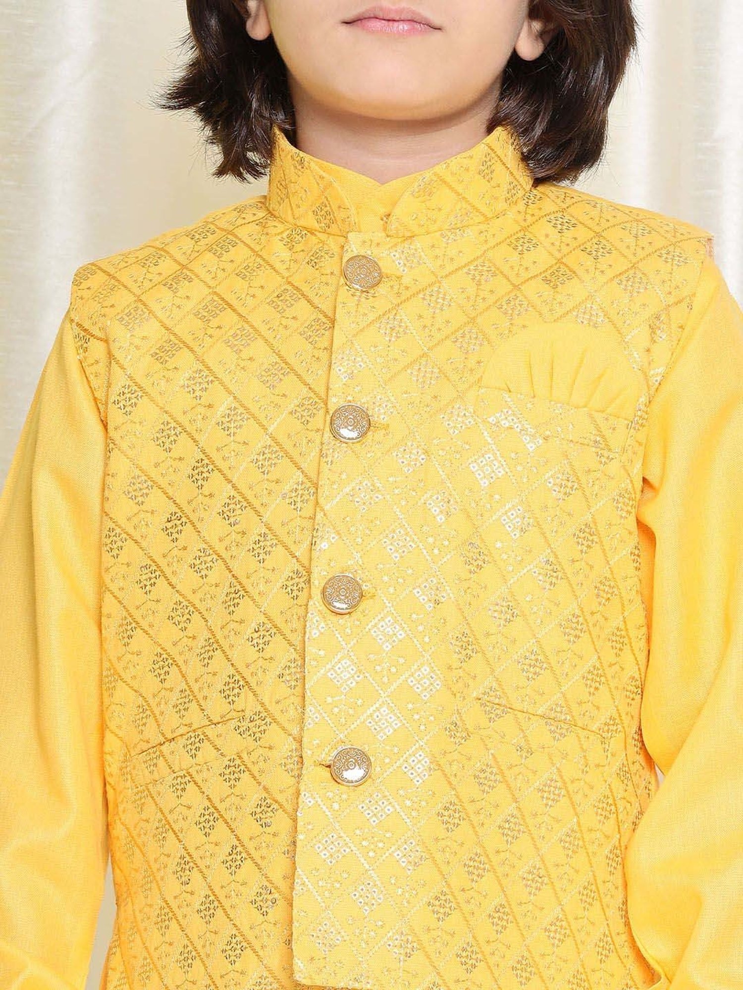 AJ Dezines Kids Yellow Cotton Embroidered Full Sleeves Kurta Set