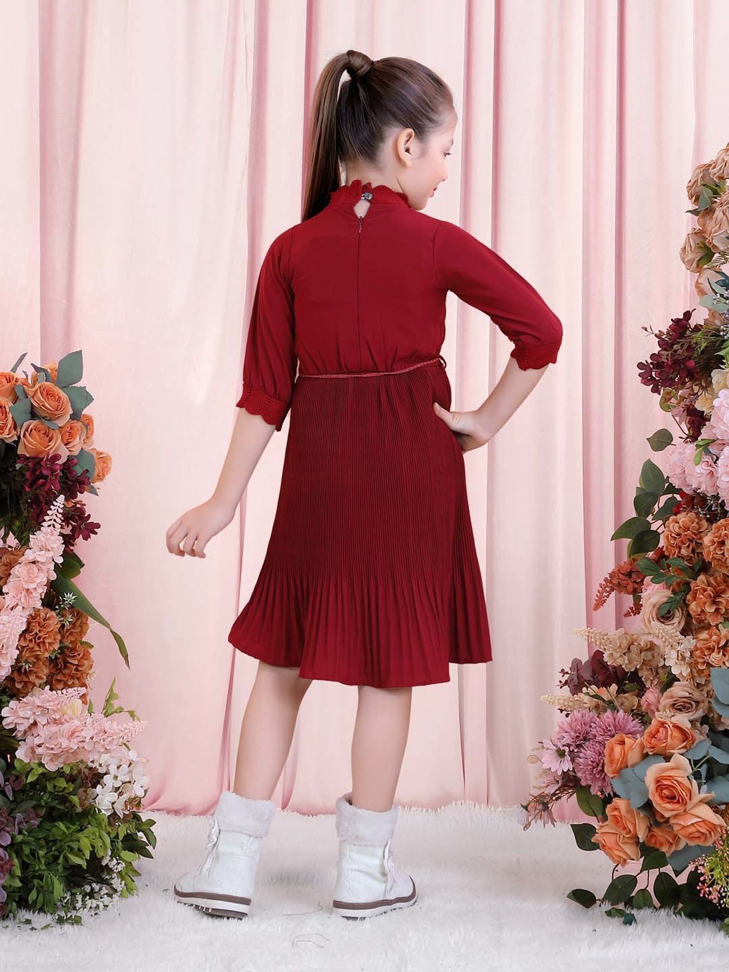 poplins Kids Maroon Cotton Regular Fit Dress