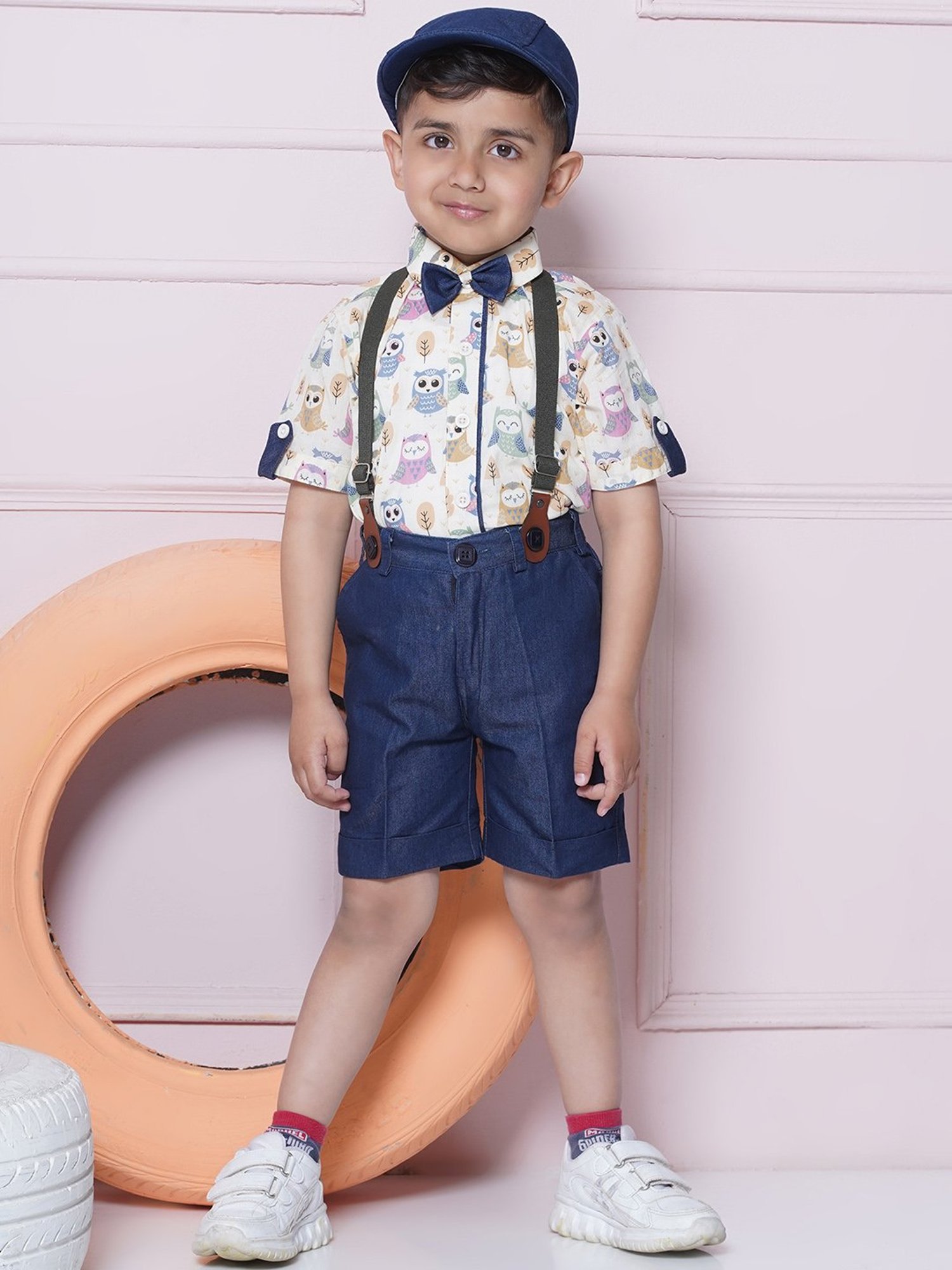AJ Dezines Kids Blue & White Printed Shirt, Shorts, Suspender, Bow with Cap