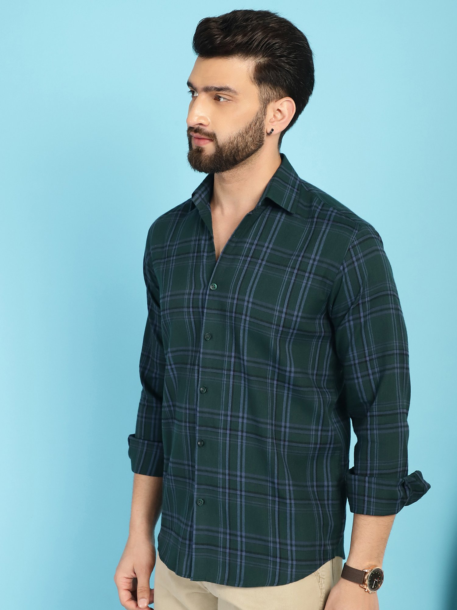 Indian Needle Dark Green Regular Fit Check Cotton Shirt