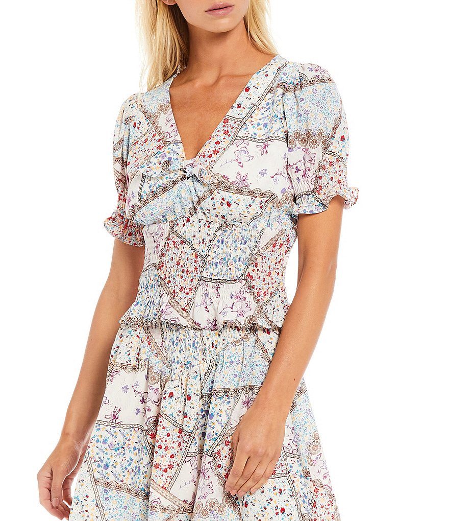 Sugarlips Patchwork Print V-Neck Short Puff Sleeve Coordinating Smocked Crop Top