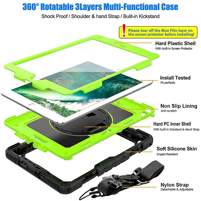 Case for iPad 6th5th Generation FullBody Protection with 360 Degrees Rotating Stand Pencil Holder Hand Strap for iPad 5th6th Air 2 Pro 97Green+Black