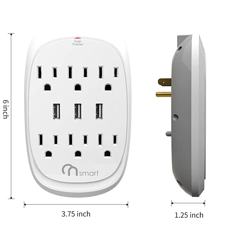 ON USB Wall Tap Surge Protector with 6 outlets 3 USB 34A Output Portable WallMount Socket 300J Surge Protection  Charging for Home Office Kitchen White2 Pack