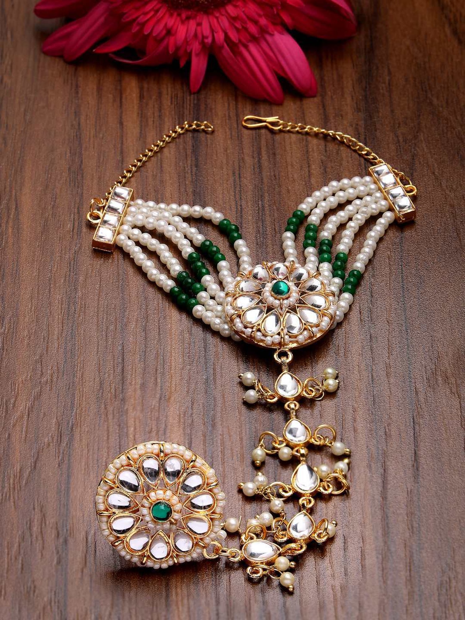 NVR Women's Green Gold-Plated Stone Studded Handcrafted Ring Bracelet