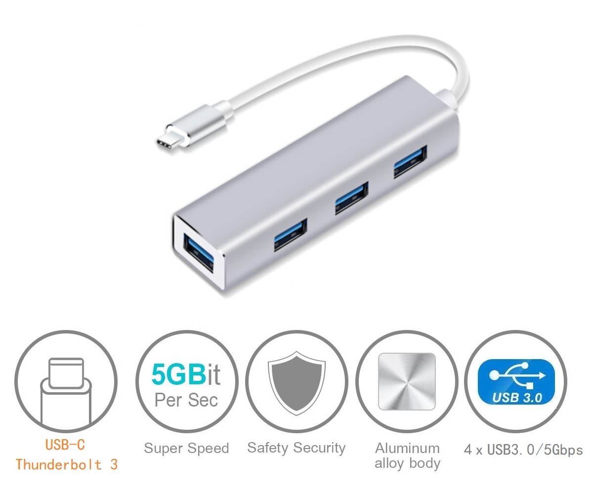 Type-C to 4 x USB3.0 HUB 5Gbps SuperSpeed Data Transmission, USB C Adapter with 4 USB 3.0 HUB. USB-C to 4 USB3.0 OTG HUB.