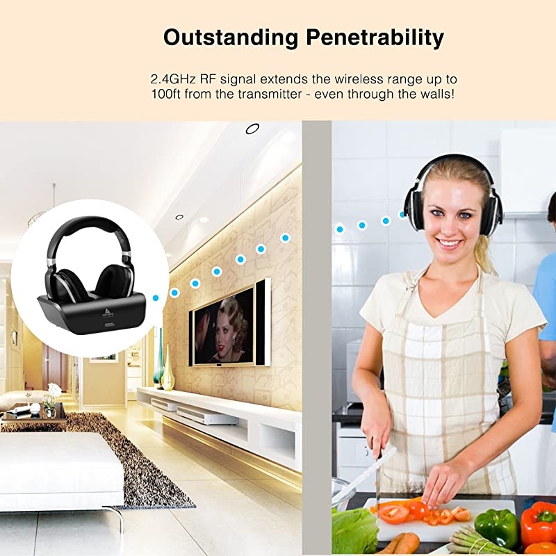 Wireless TV Headphones Over Ear Headsets - Digital Stereo Headsets with 2.4GHz RF Transmitter, Charging Dock, 100ft Wireless Range and Rechargeable 20 Hour Battery, Black