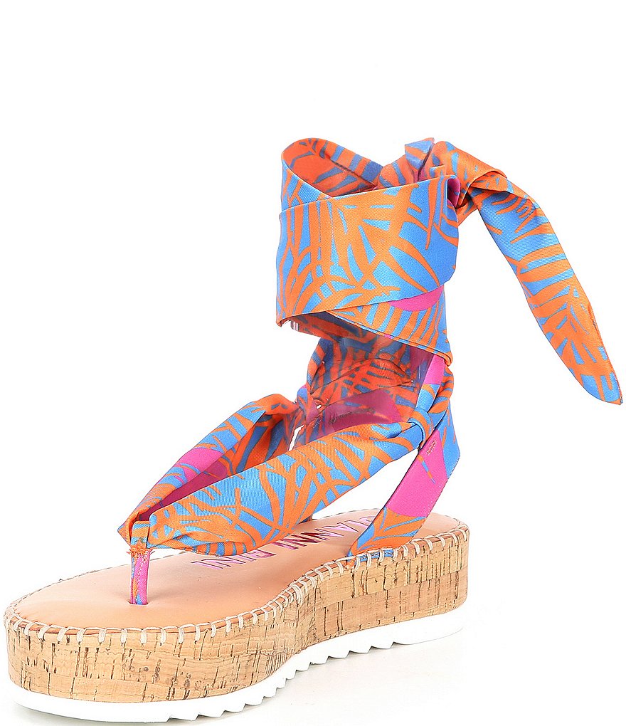 Gianni Bini Turnie Tiki Palm Print Satin Scarf Ankle Wrap Flatform Sandals