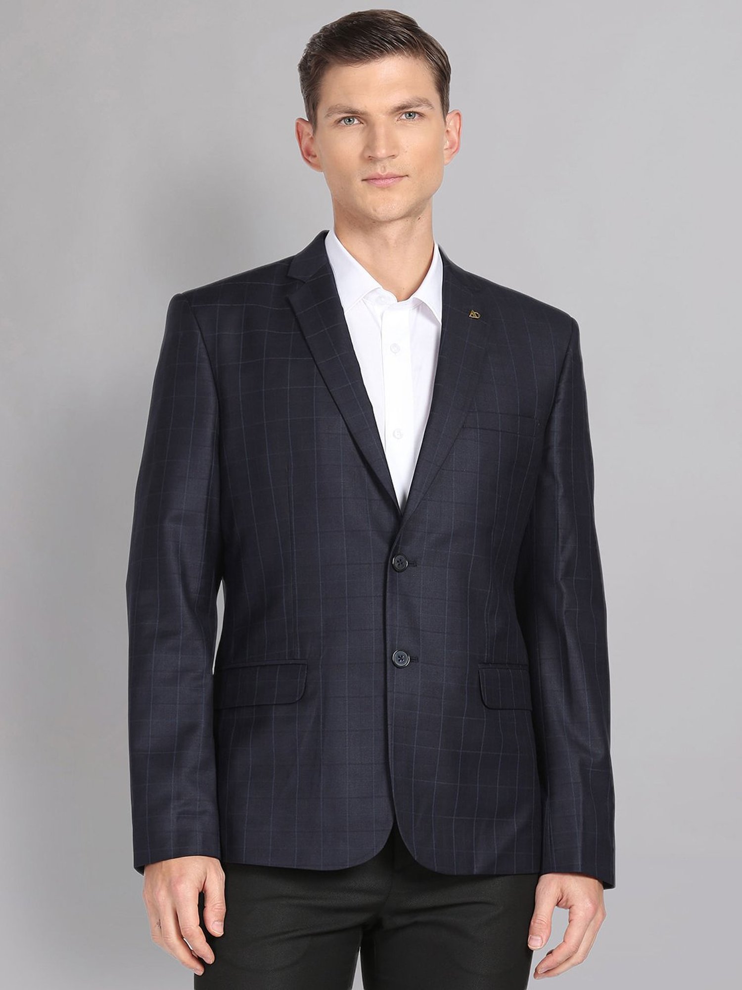 AD by Arvind Navy Regular Fit Check Notch Lapel Blazer