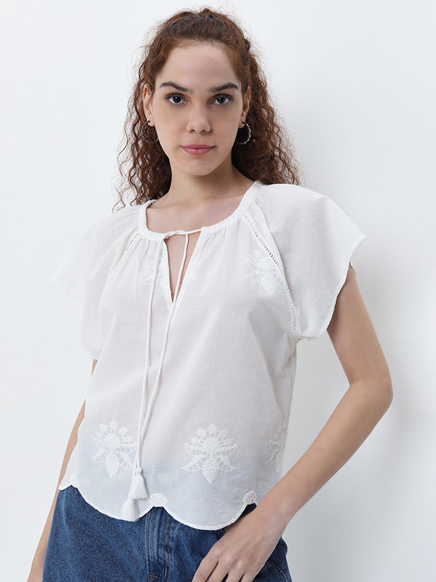 Bombay Paisley by Westside Ivory Floral Embroidered Cotton Top