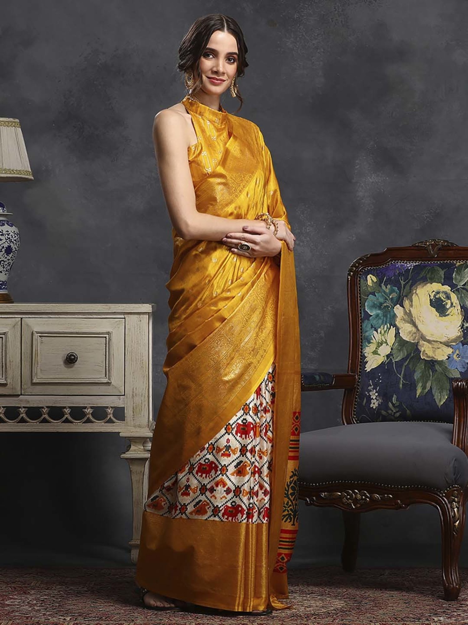 Saree Mall Yellow & White Silk Printed Saree With Unstitched Blouse