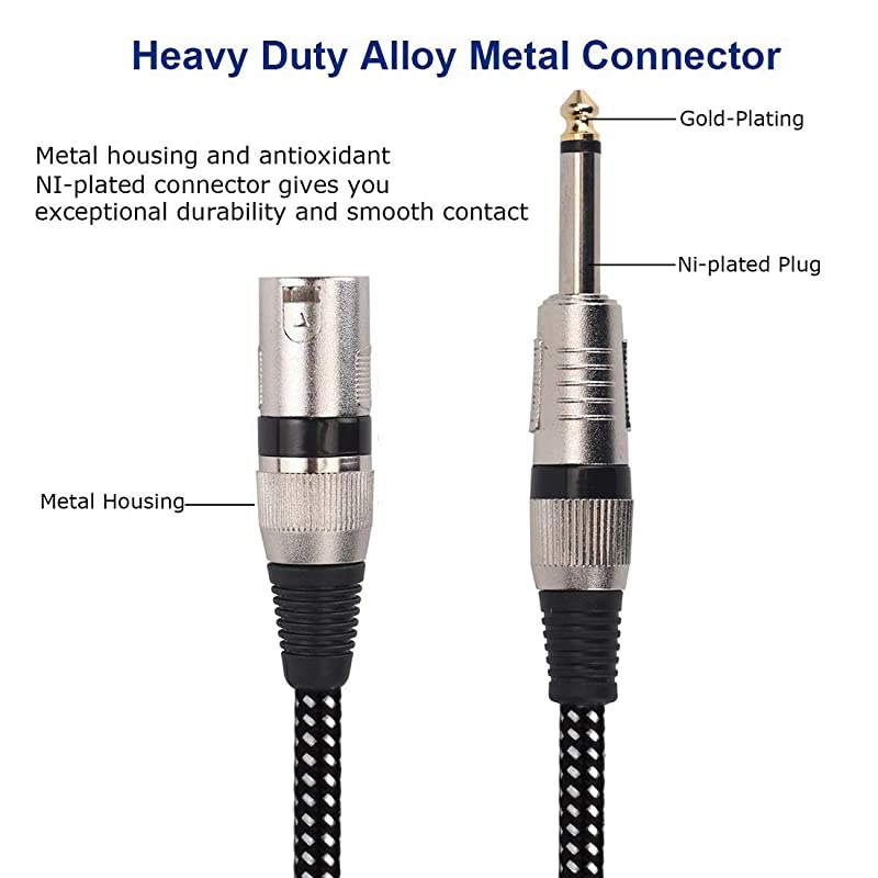 Male to 1/4 Inch TS Cable 50 FT, Nylong Braided 3 Pin Male to Quarter inch 6.35mm TS Male Unbalanced Interconnect Wire Mic Cord (Pure Copper Conductors)