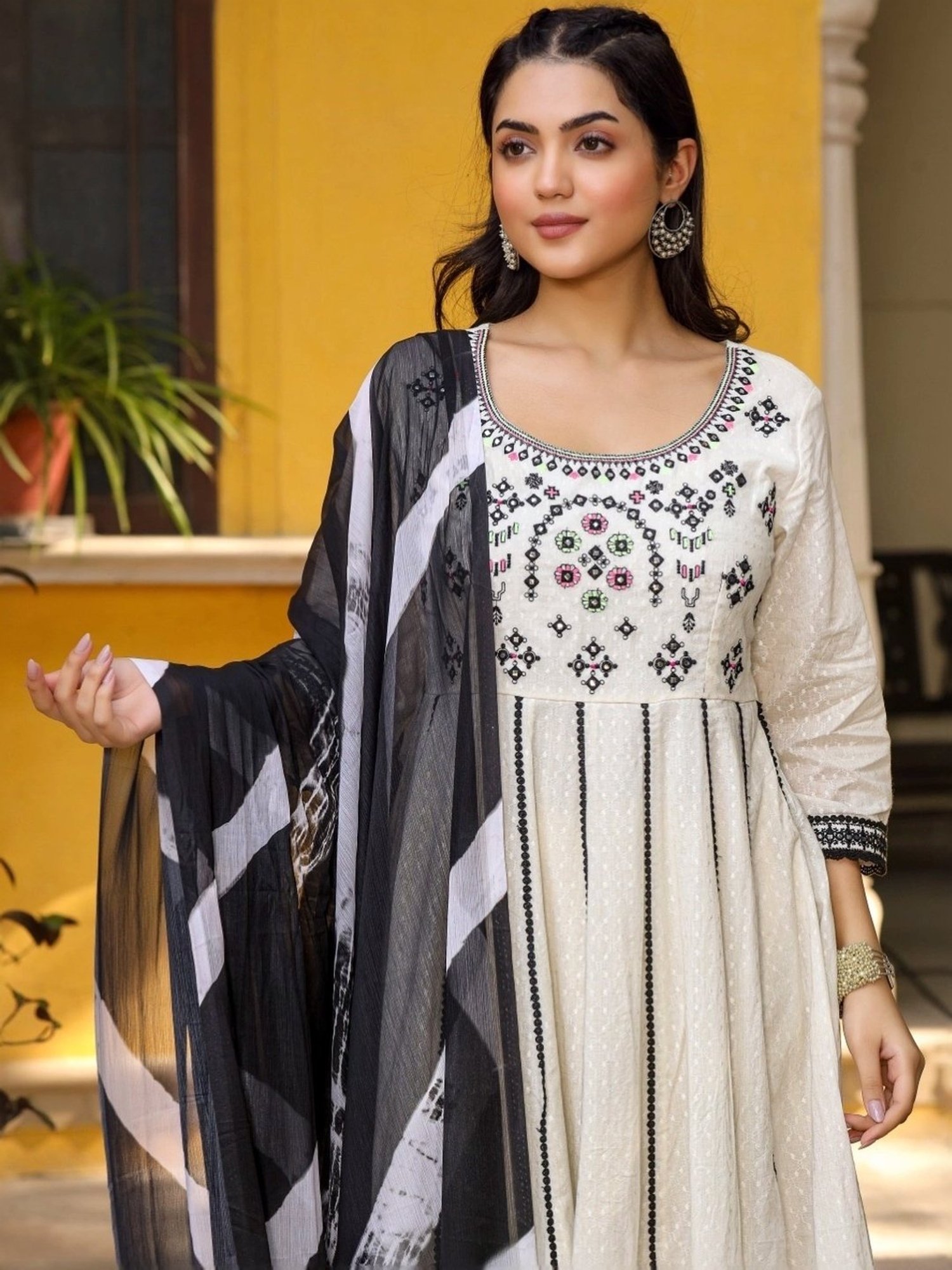 Juniper Off-White Cotton Embroidered Kurta Palazzo Set With Dupatta